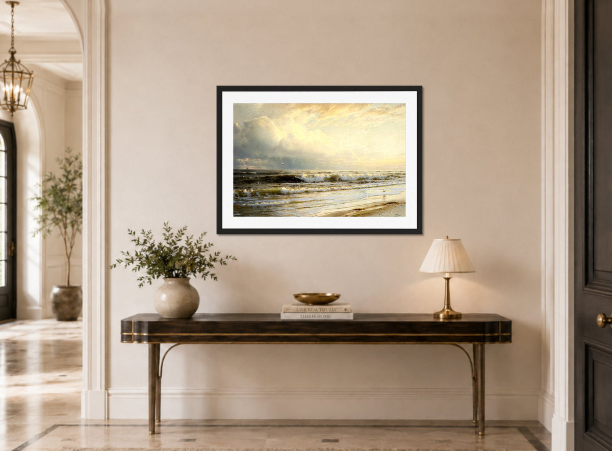 William Trost Richards Print, Rockaway Beach displayed above a console table