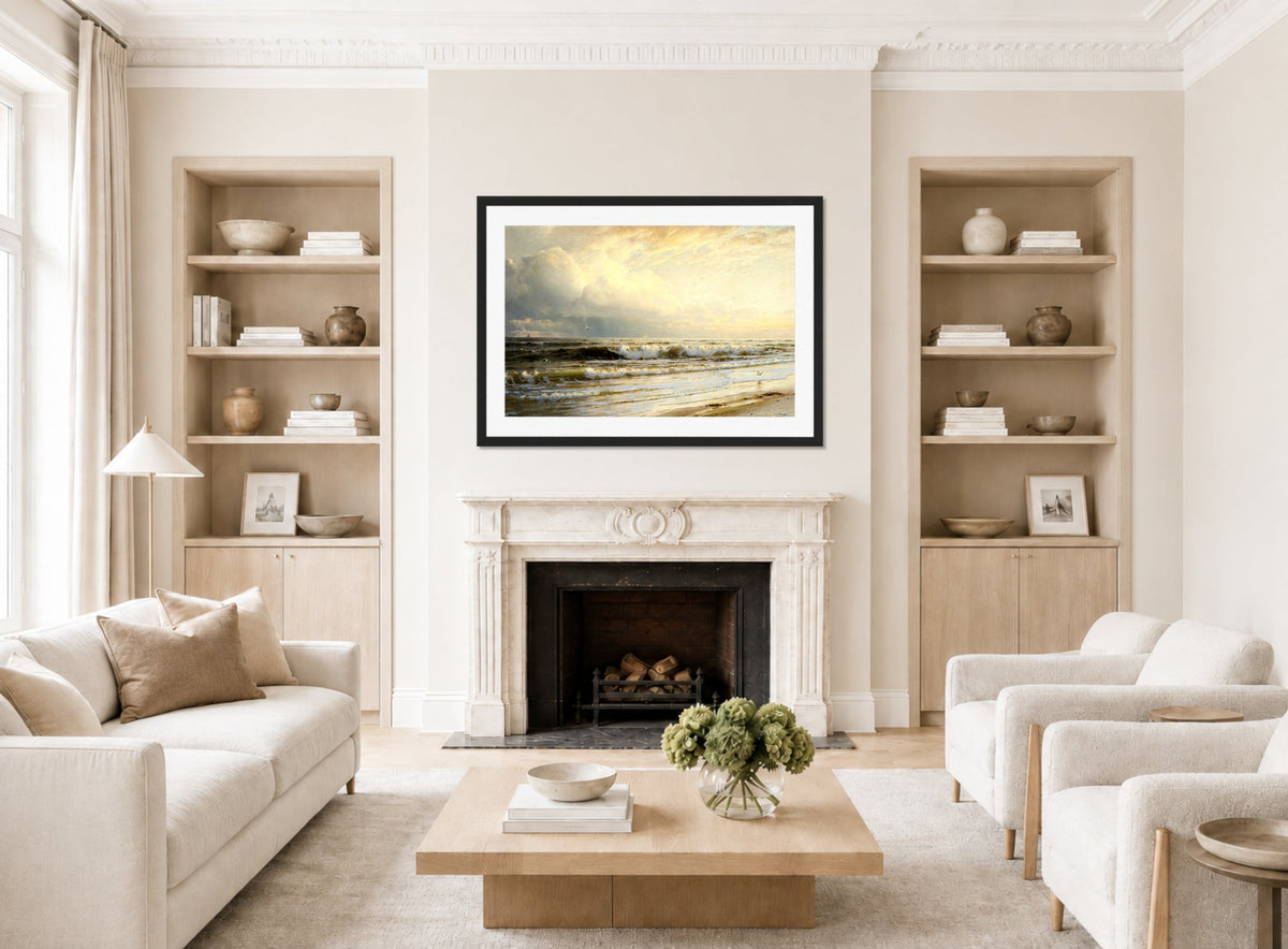 William Trost Richards Print, Rockaway Beach displayed in a Scandinavian living room