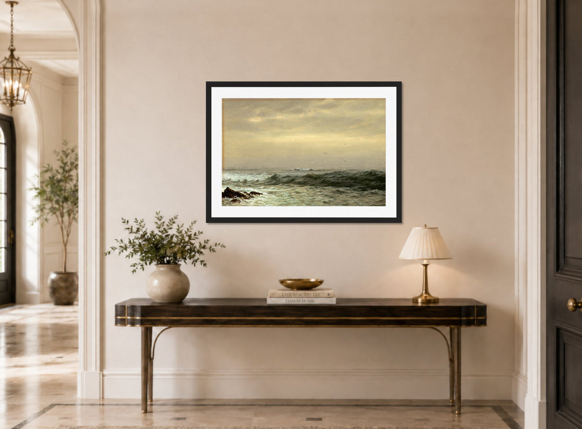 William Trost Richards Print, Rocks and Breaking Waves (c. 1870s) displayed above a console table