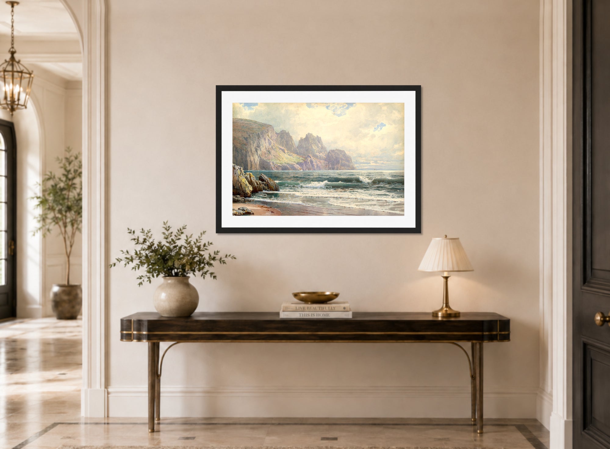 William Trost Richards Print, Rocky Coastline (1897) displayed above a console table