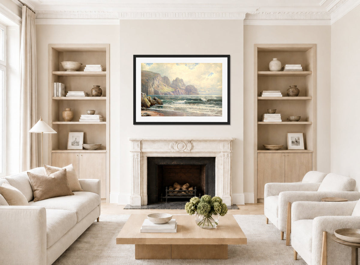 William Trost Richards Print, Rocky Coastline (1897) displayed in a Scandinavian living room