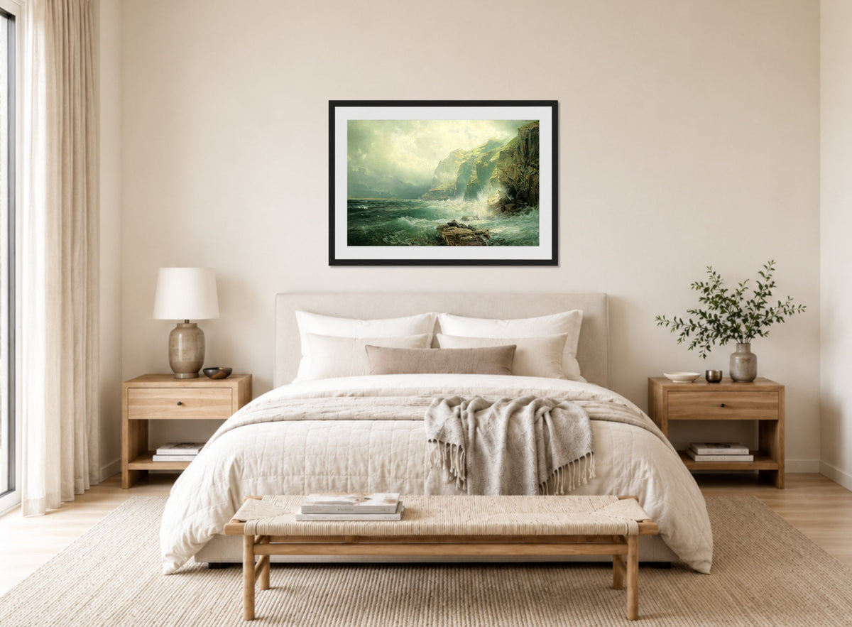 William Trost Richards Print, Rocky Coastline, Cornwall (1886) displayed above a bed