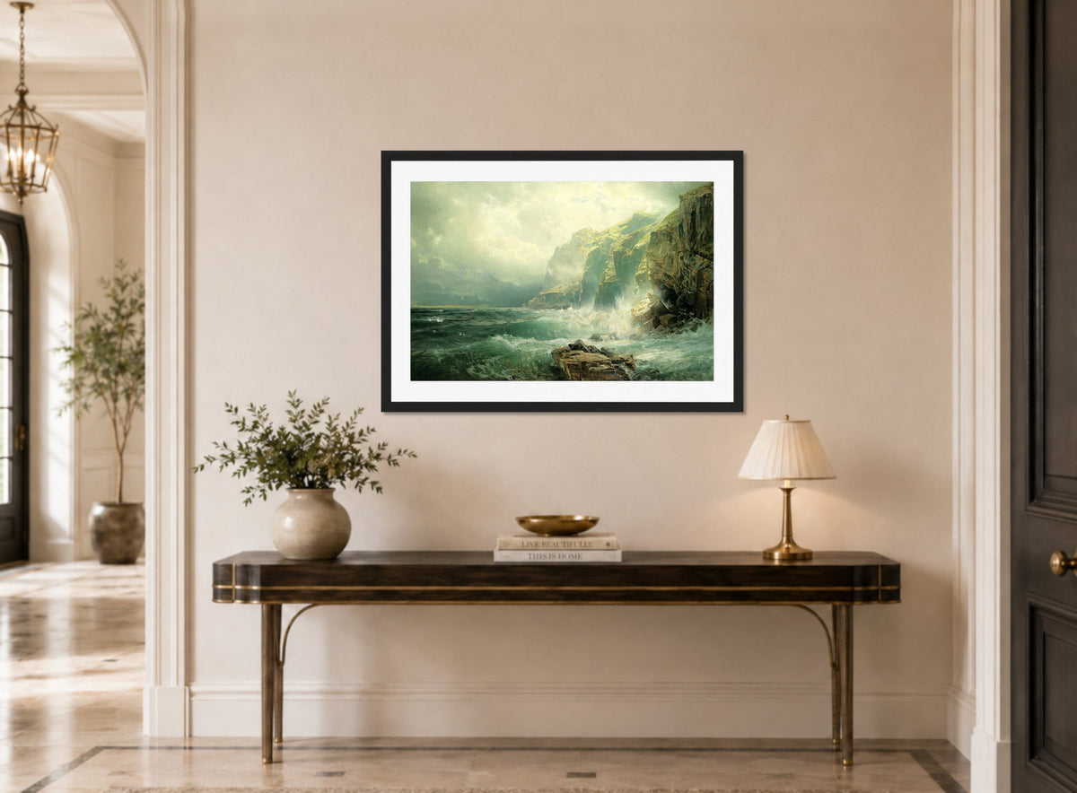 William Trost Richards Print, Rocky Coastline, Cornwall (1886) displayed above a console table