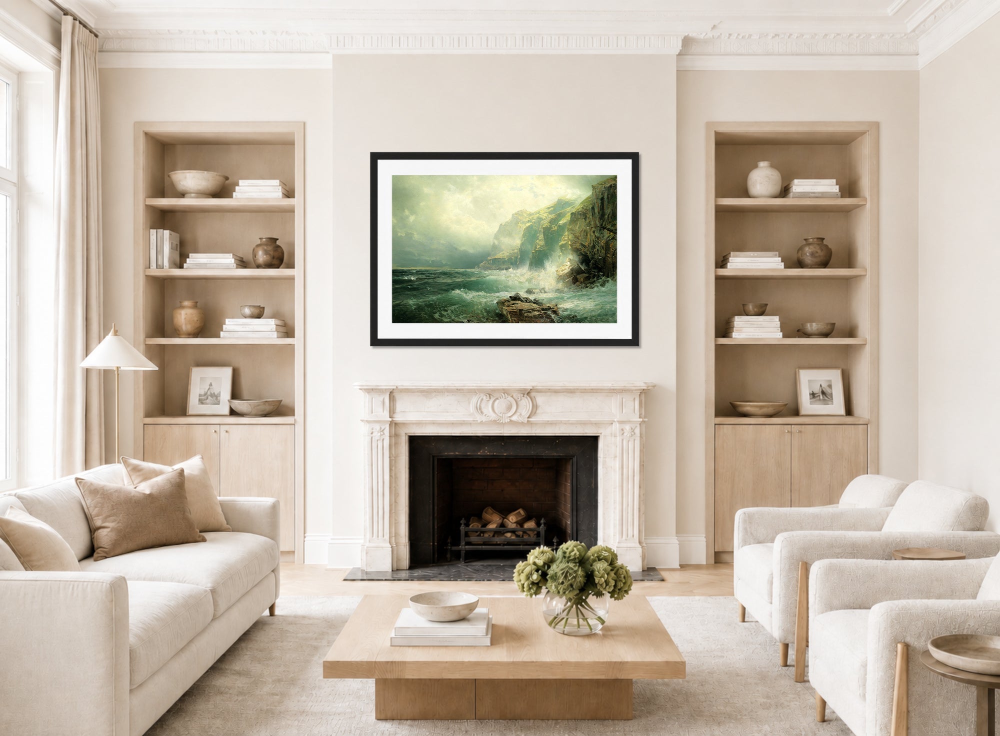 William Trost Richards Print, Rocky Coastline, Cornwall (1886) displayed in a Scandinavian living room