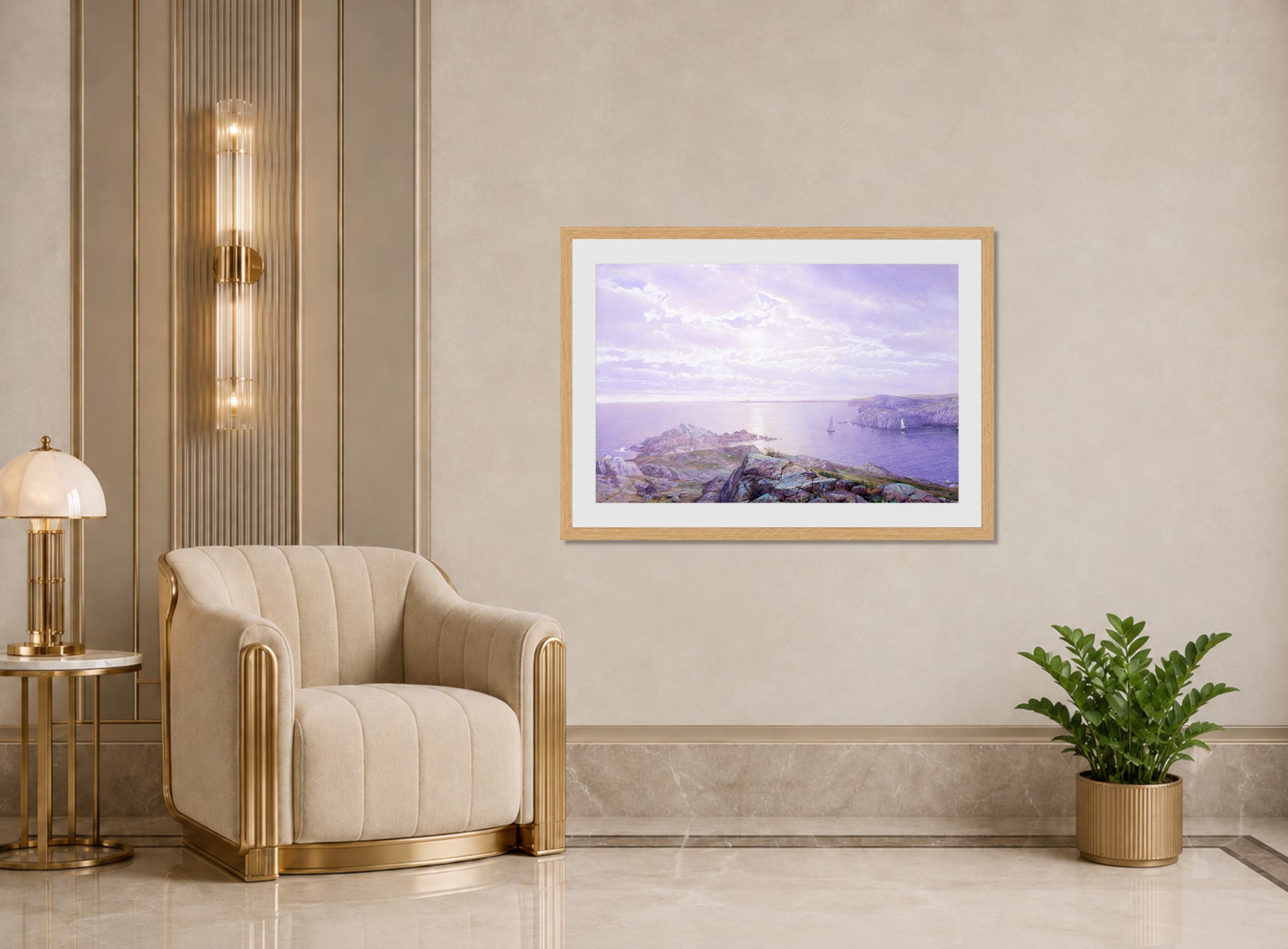 William Trost Richards Print, Rocky Cove (1876) displayed in an Art Deco interior