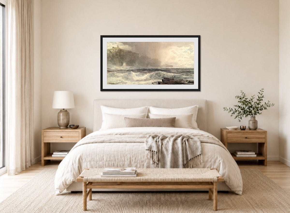 William Trost Richards Print, Sea and Cliffs (1892) displayed above a bed