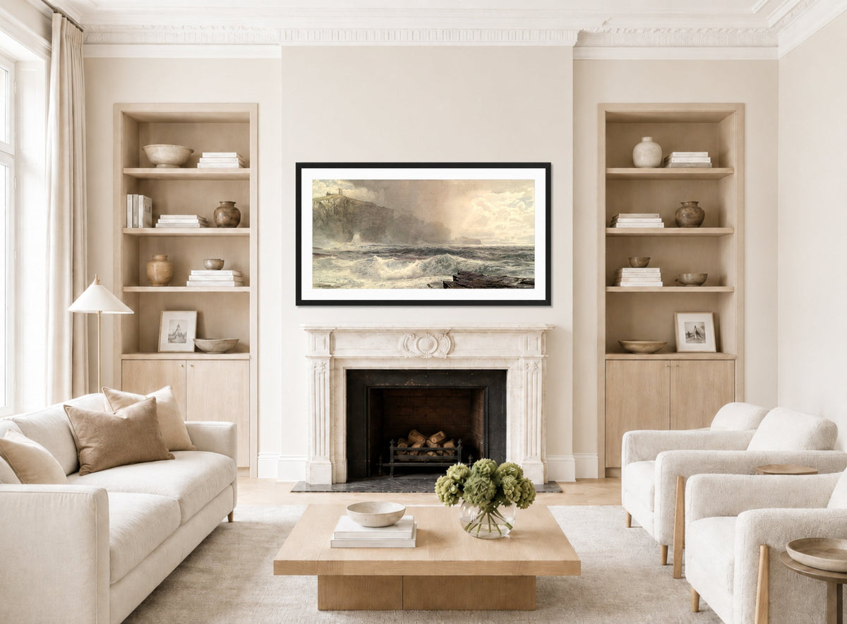 William Trost Richards Print, Sea and Cliffs (1892) displayed in a Scandinavian living room