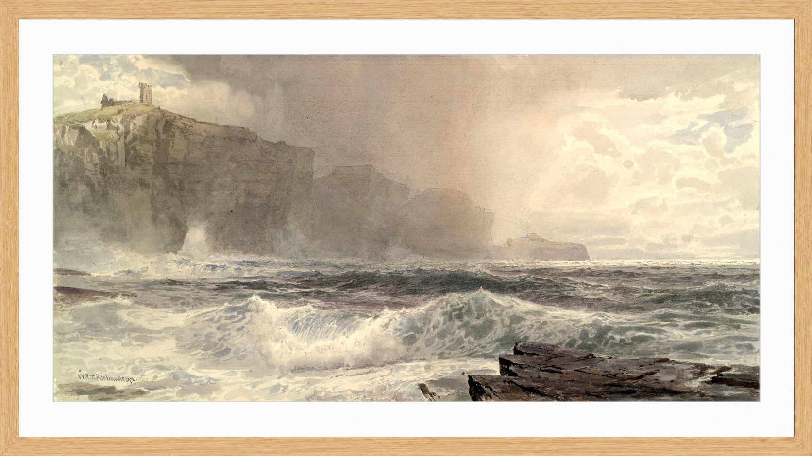 William Trost Richards Print, Sea and Cliffs (1892) in a light oak frame