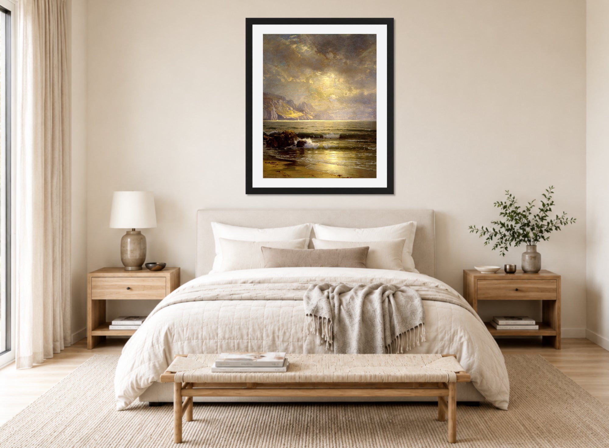 William Trost Richards Print, Seascape (1897) displayed above a bed