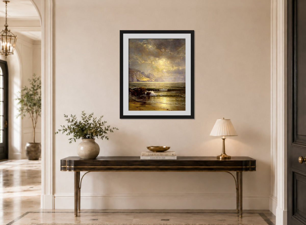William Trost Richards Print, Seascape (1897) displayed above a console table