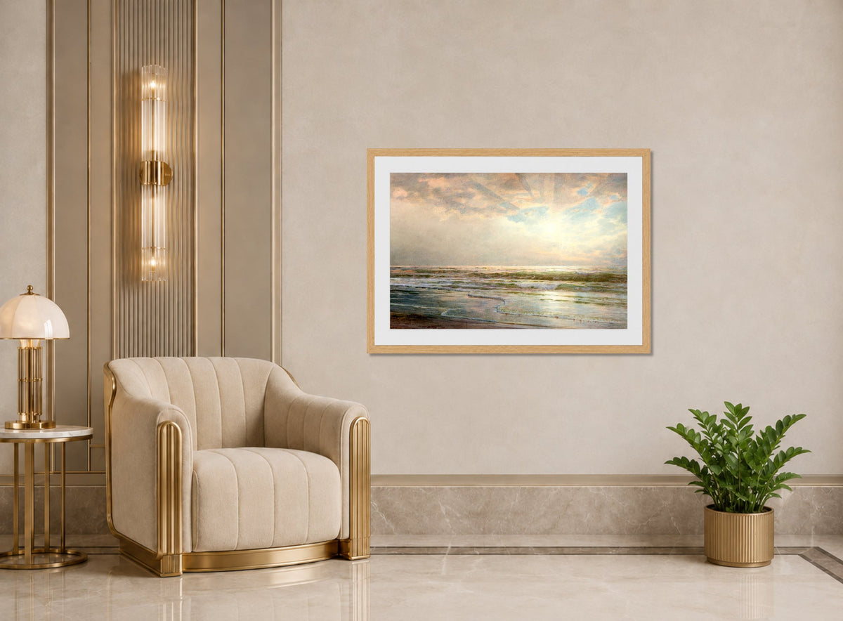 William Trost Richards Print, Seascape (1901) displayed in an Art Deco interior