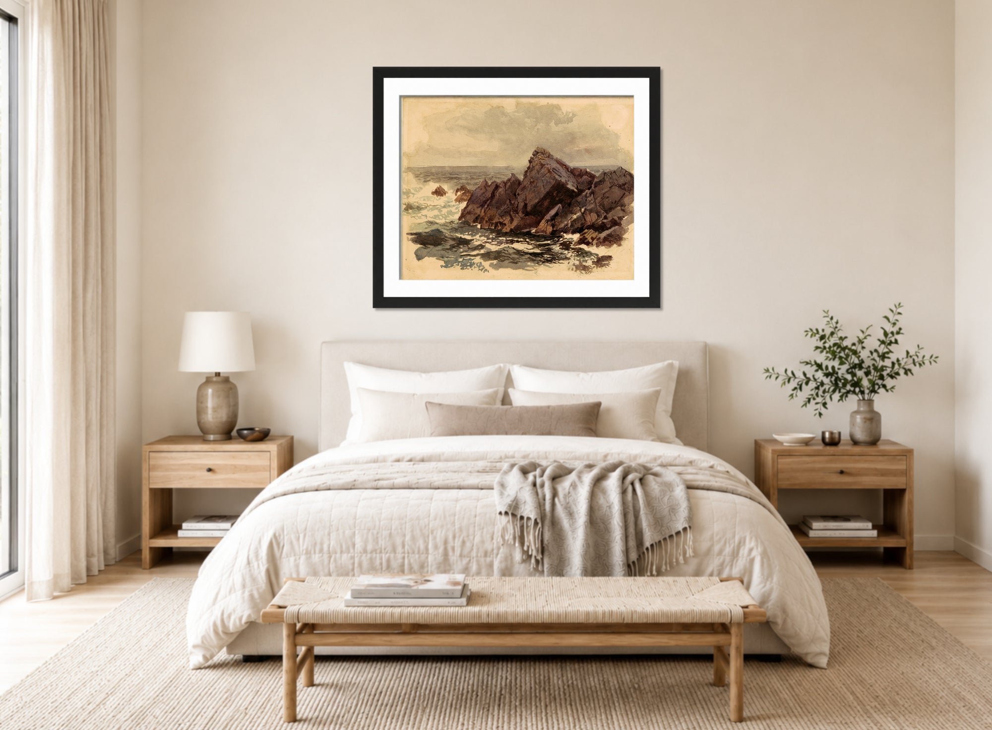 William Trost Richards Print, Seascape with Rocks (c. 1890s) displayed above a bed