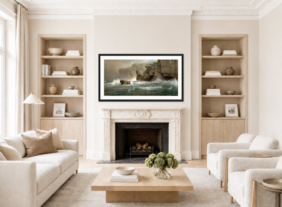 William Trost Richards Print, South-West Point, Conanicut (1878–1879) displayed in a Scandinavian living room