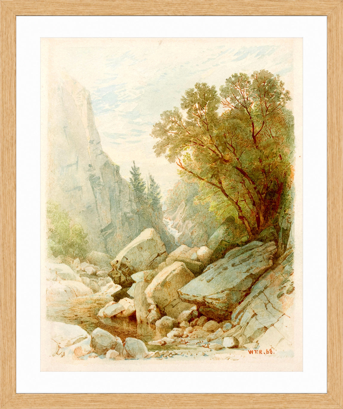 William Trost Richards Print, Split Rock, Adirondacks (1868) in a light oak frame