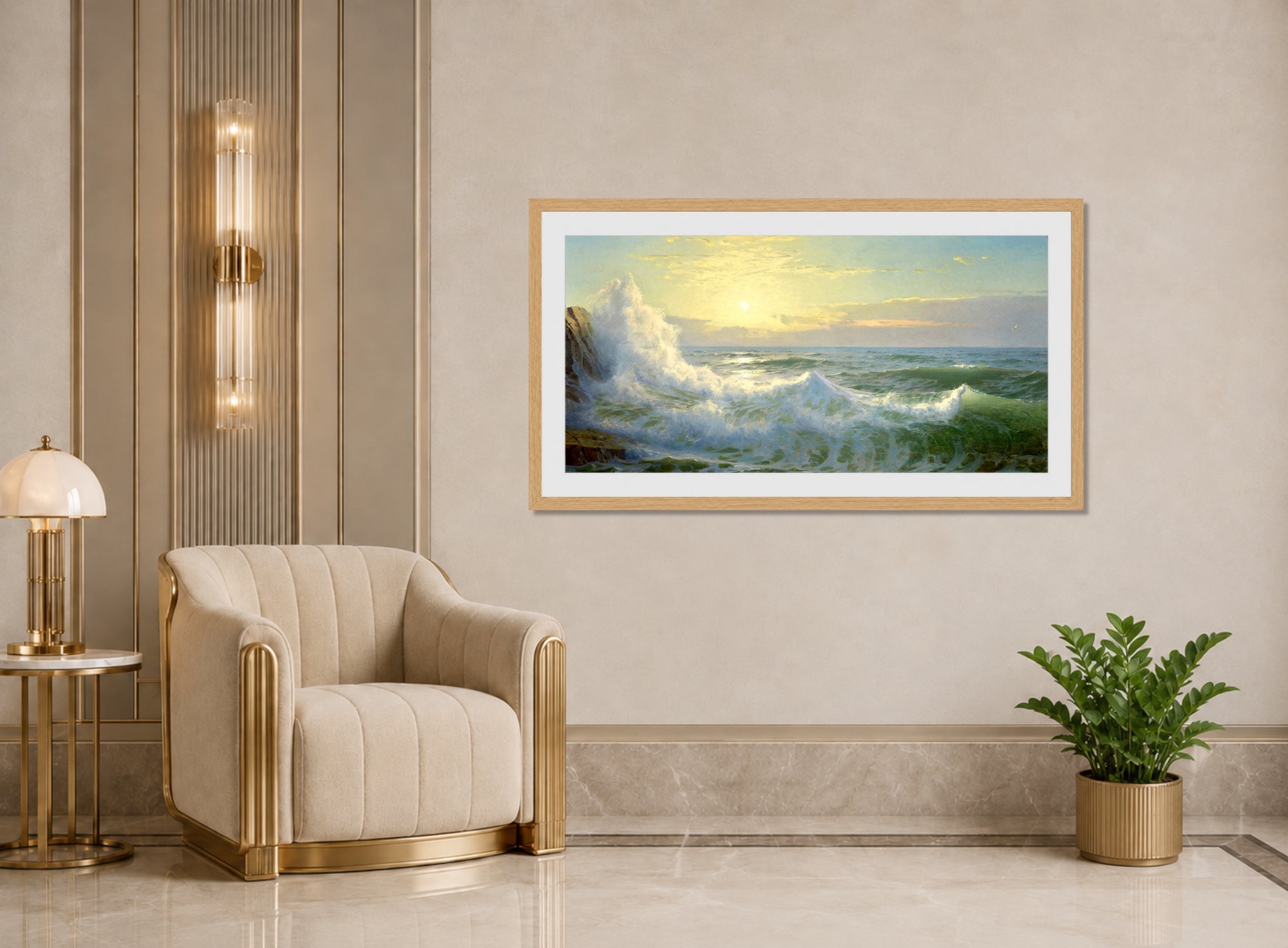 William Trost Richards Print, Sunlit Waves (1903) displayed in an Art Deco interior