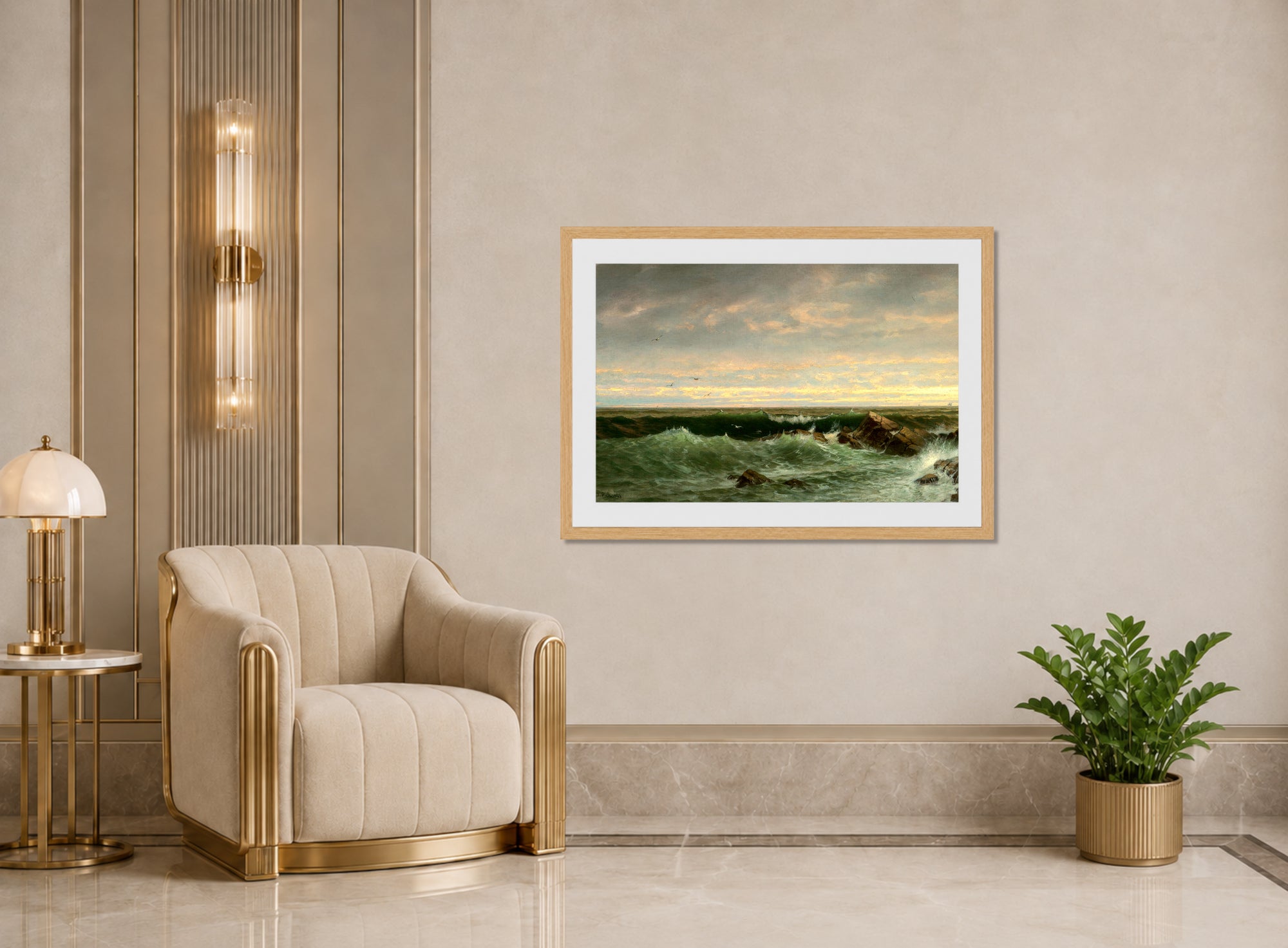 William Trost Richards Print, The Evening Sea, Brigantine, Shoals displayed in an Art Deco interior