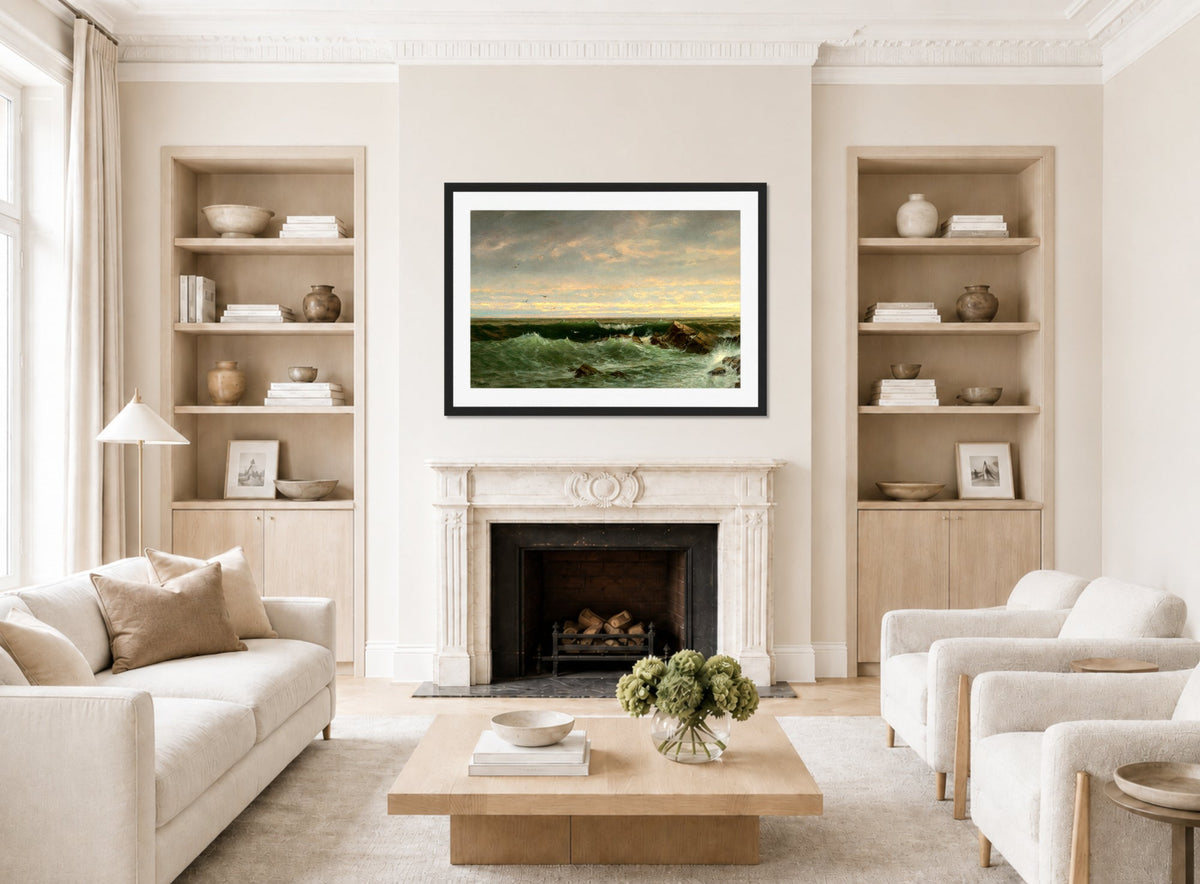 William Trost Richards Print, The Evening Sea, Brigantine, Shoals displayed in a Scandinavian living room