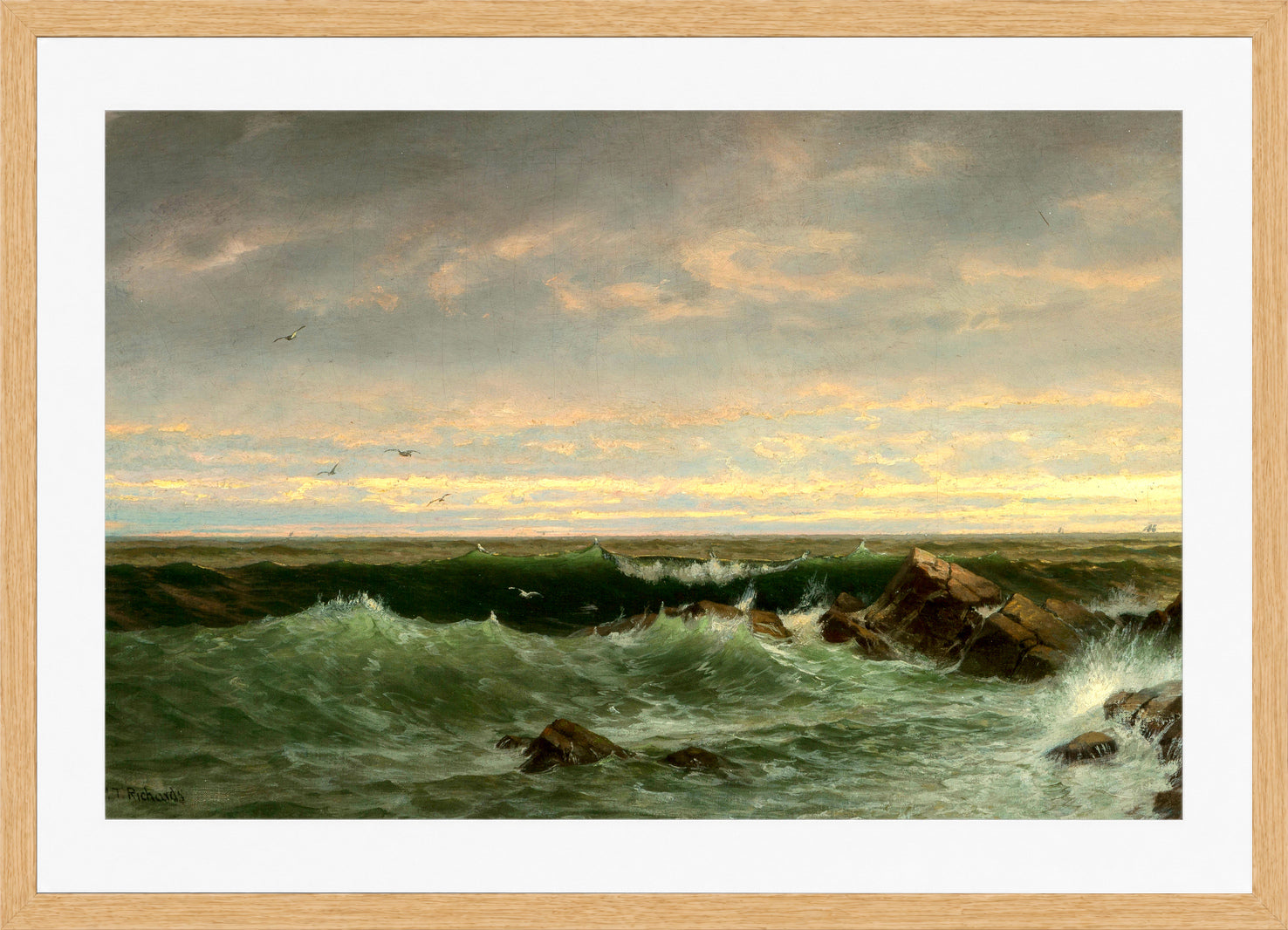 William Trost Richards Print, The Evening Sea, Brigantine, Shoals in a light oak frame