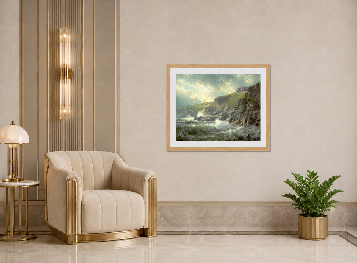 William Trost Richards Print, View of the Artist’s Home, Graycliff, Newport, Rhode Island (1894) displayed in an Art Deco interior