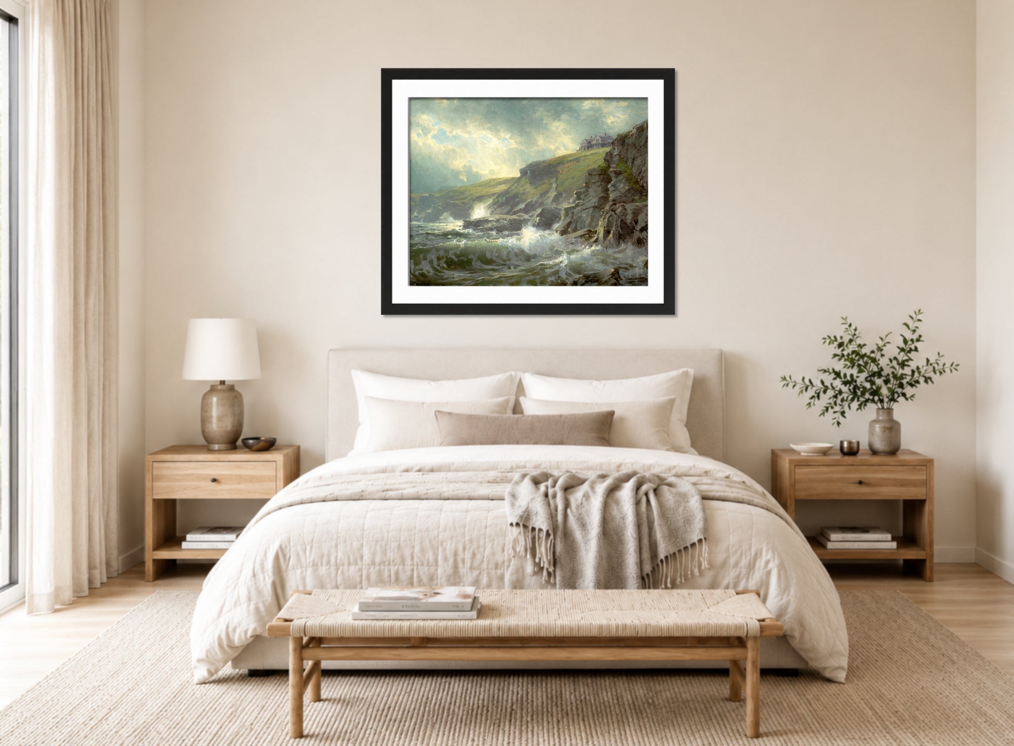 William Trost Richards Print, View of the Artist’s Home, Graycliff, Newport, Rhode Island (1894) displayed above a bed