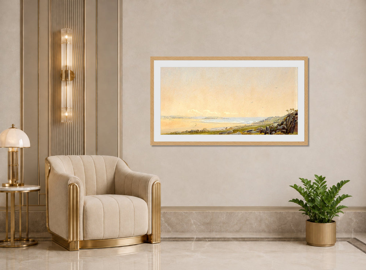 William Trost Richards Print, Whale’s Head Rock, Narragansett, Rhode Island (1872) displayed in an Art Deco interior