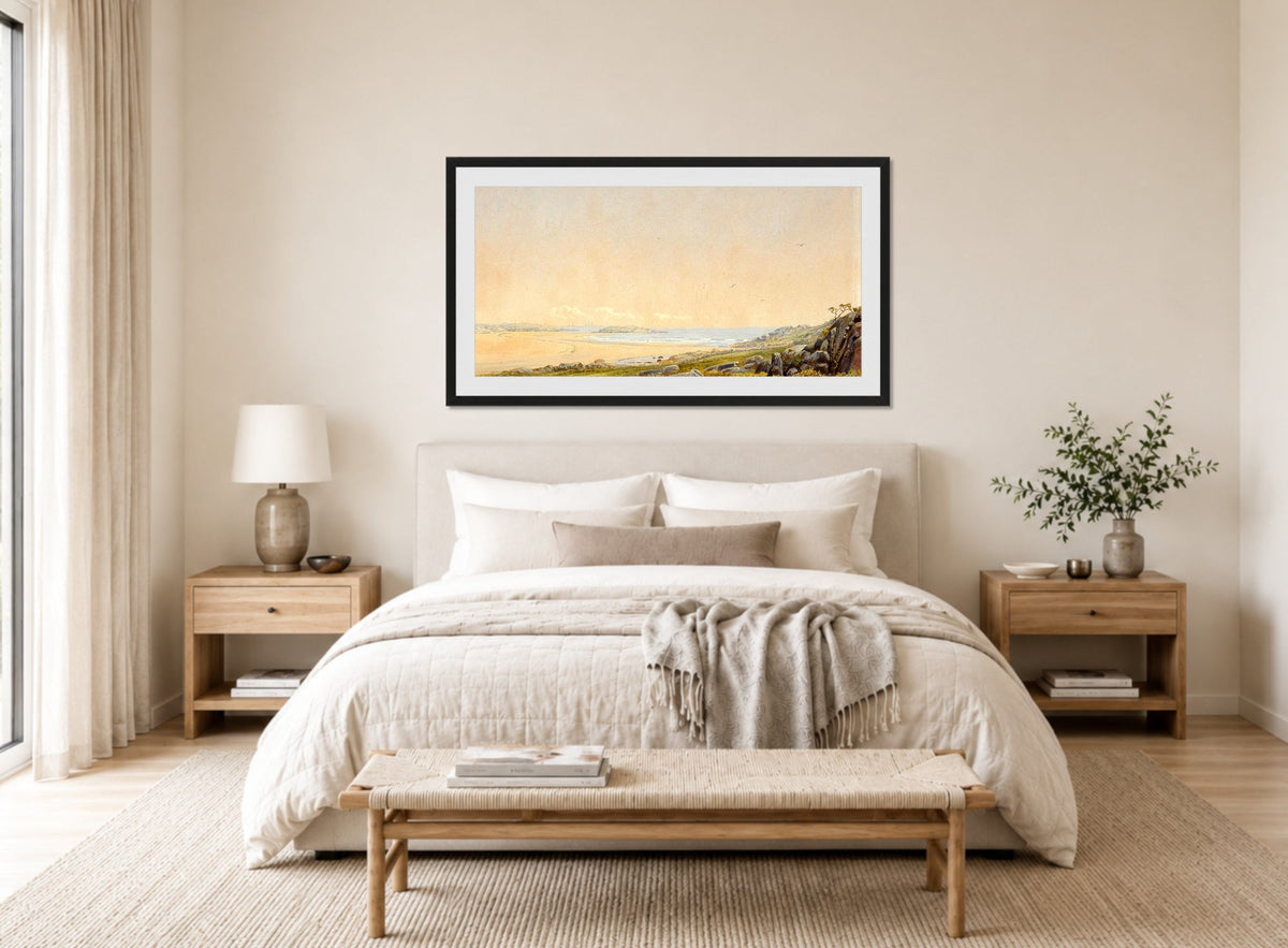 William Trost Richards Print, Whale’s Head Rock, Narragansett, Rhode Island (1872) displayed above a bed