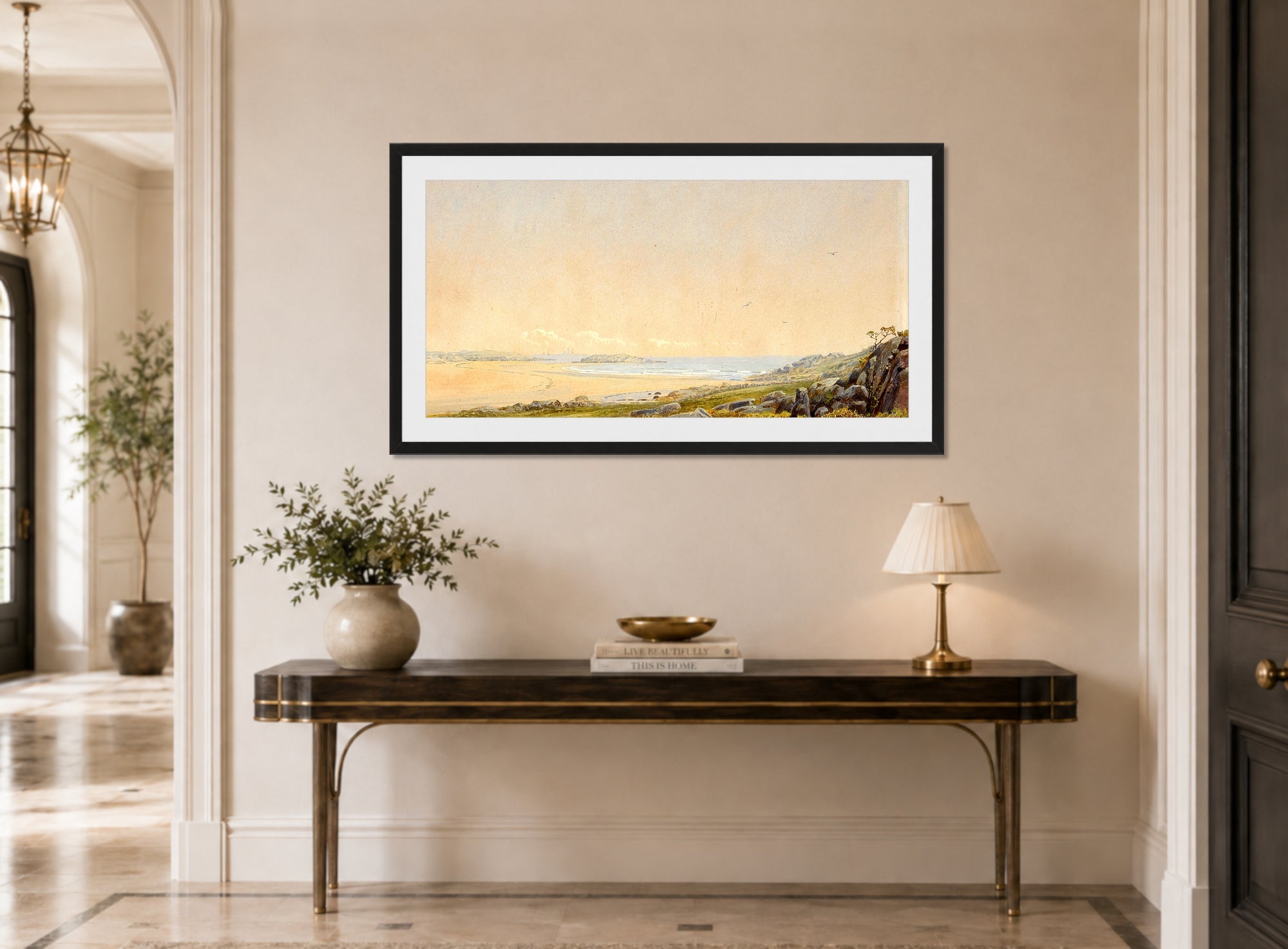 William Trost Richards Print, Whale’s Head Rock, Narragansett, Rhode Island (1872) displayed above a console table