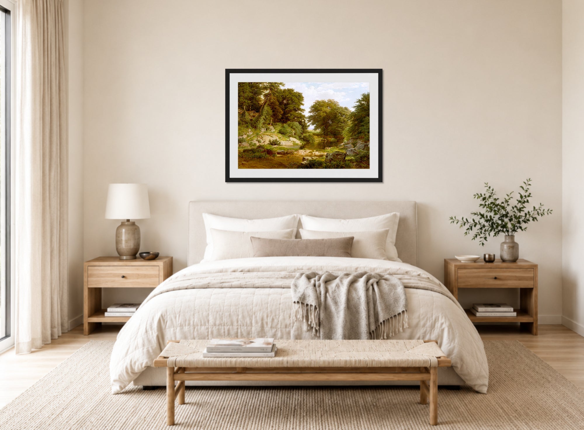 William Trost Richards Print, Woodland Brook (1861) displayed above a bed