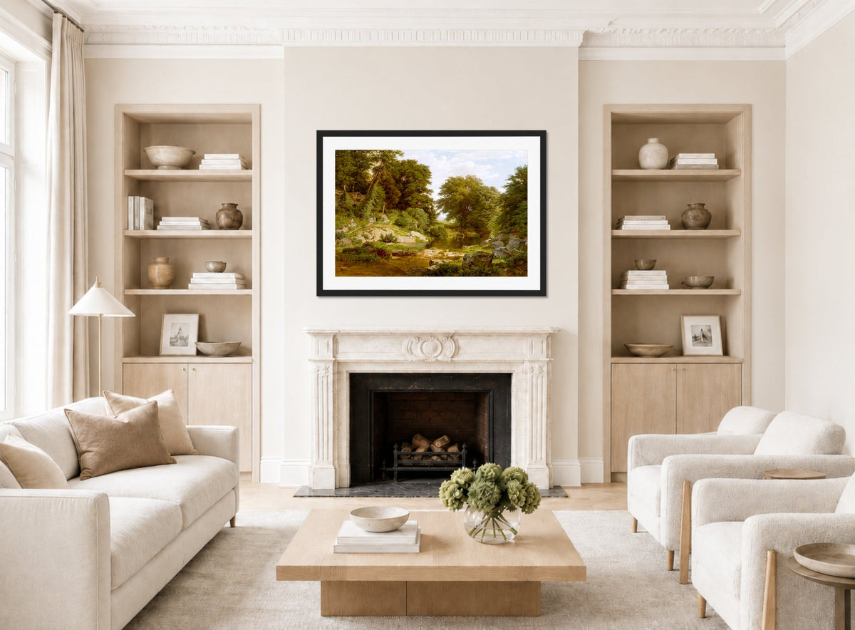 William Trost Richards Print, Woodland Brook (1861) displayed in a Scandinavian living room