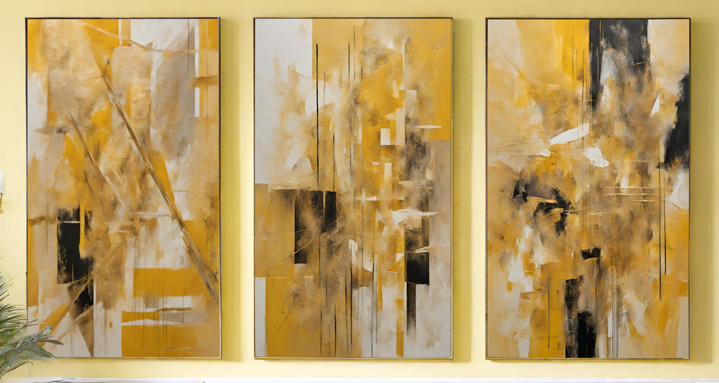 Extra Large Abstract Art, Set of 3 Golden Yellow Wall Art Prints