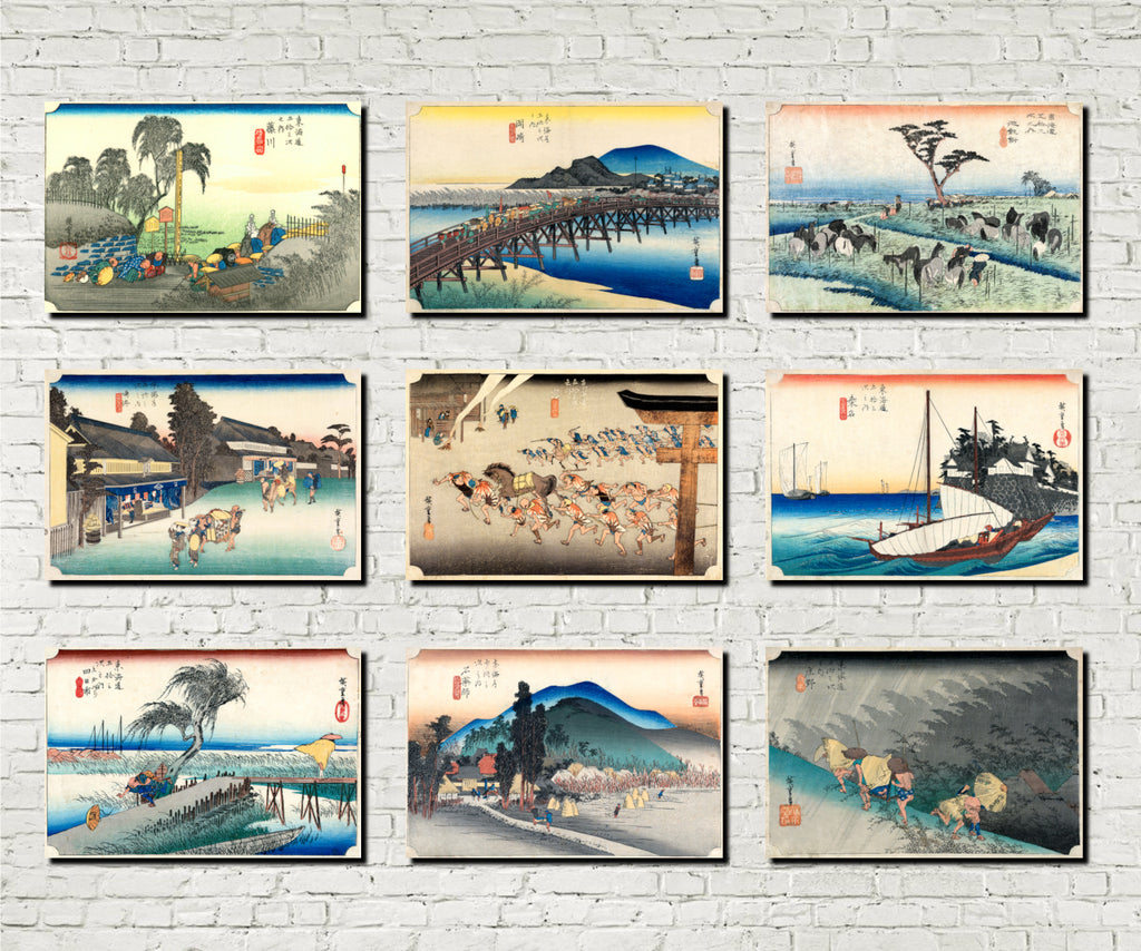 Andō Hiroshige, Japanese Art, 53 Stations Tokaido : Set of 9 Prints E
