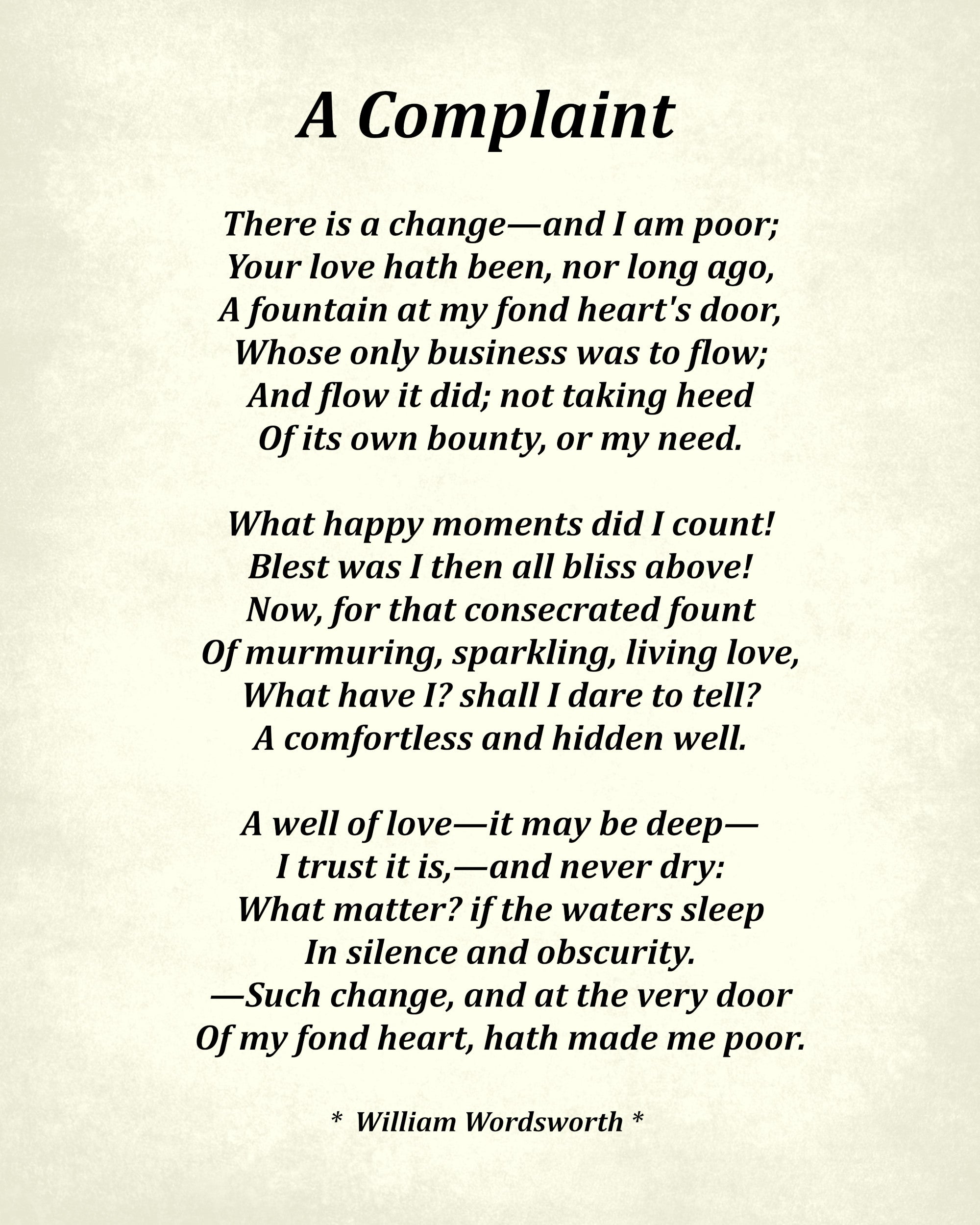 A Complaint Poem by William Wordsworth, Typography Print