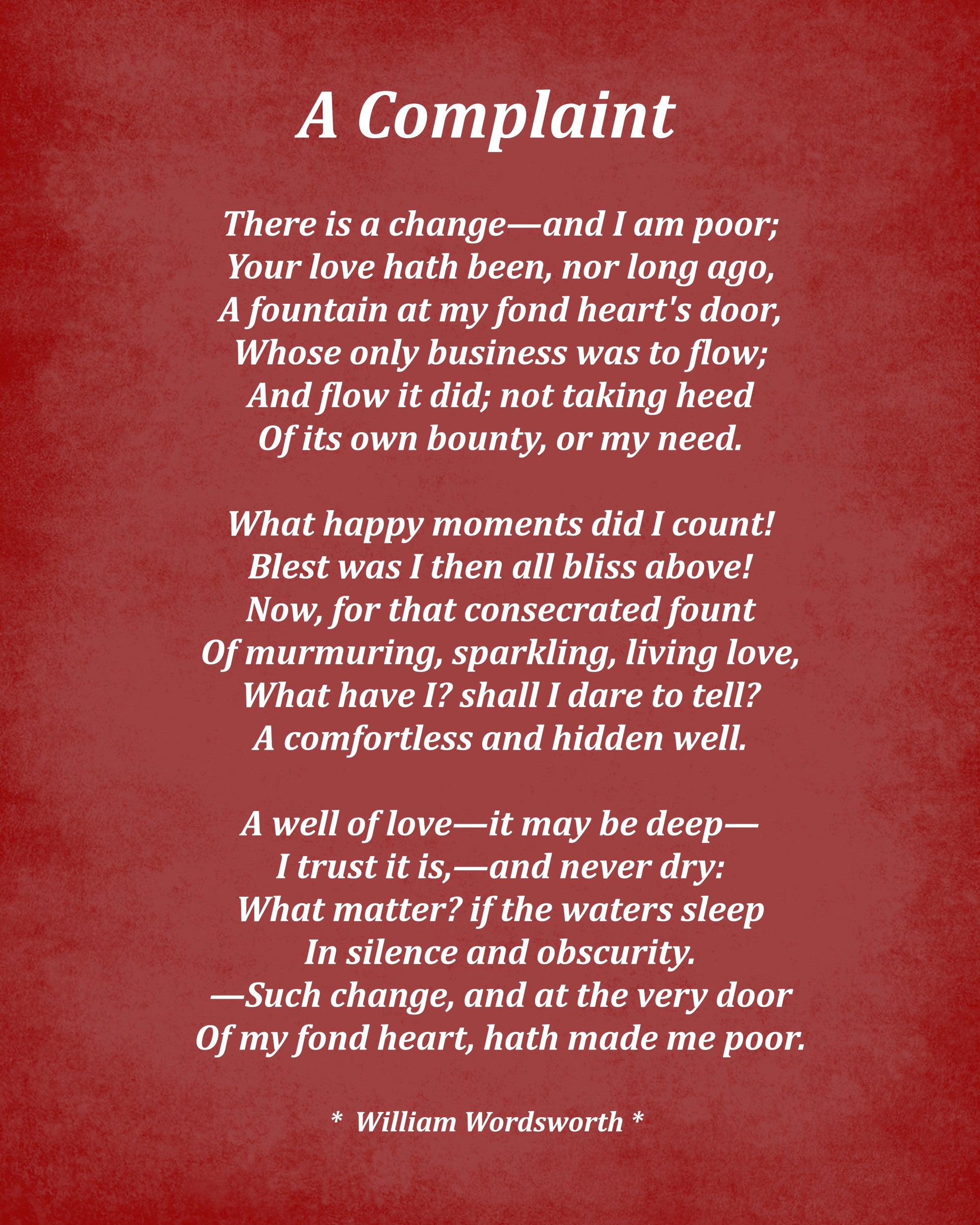 A Complaint Poem by William Wordsworth, Typography Print