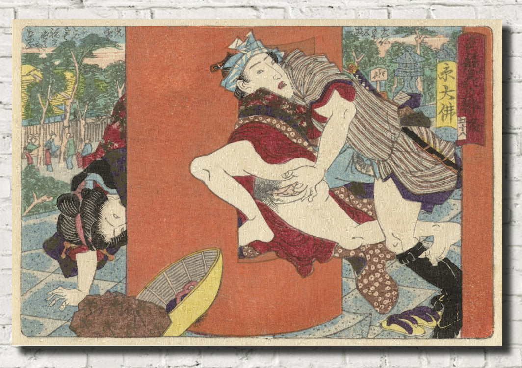 Utagawa Kunisada, Japanese Art Print : Meeting at the Temple, The erotic road to the capital