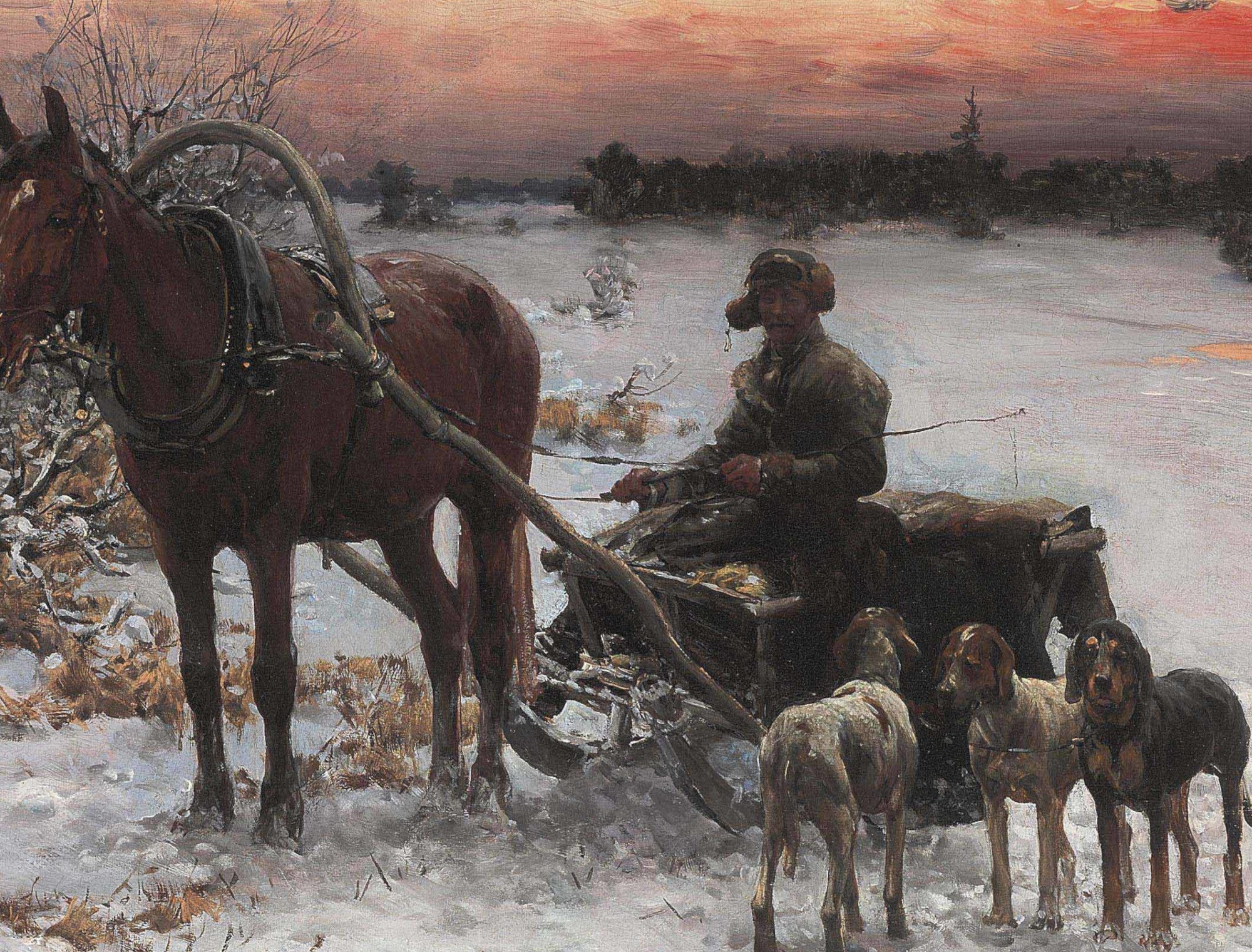 Alfred Kowalski Fine Art Print, A horse drawn sled in a winter landscape at dusk