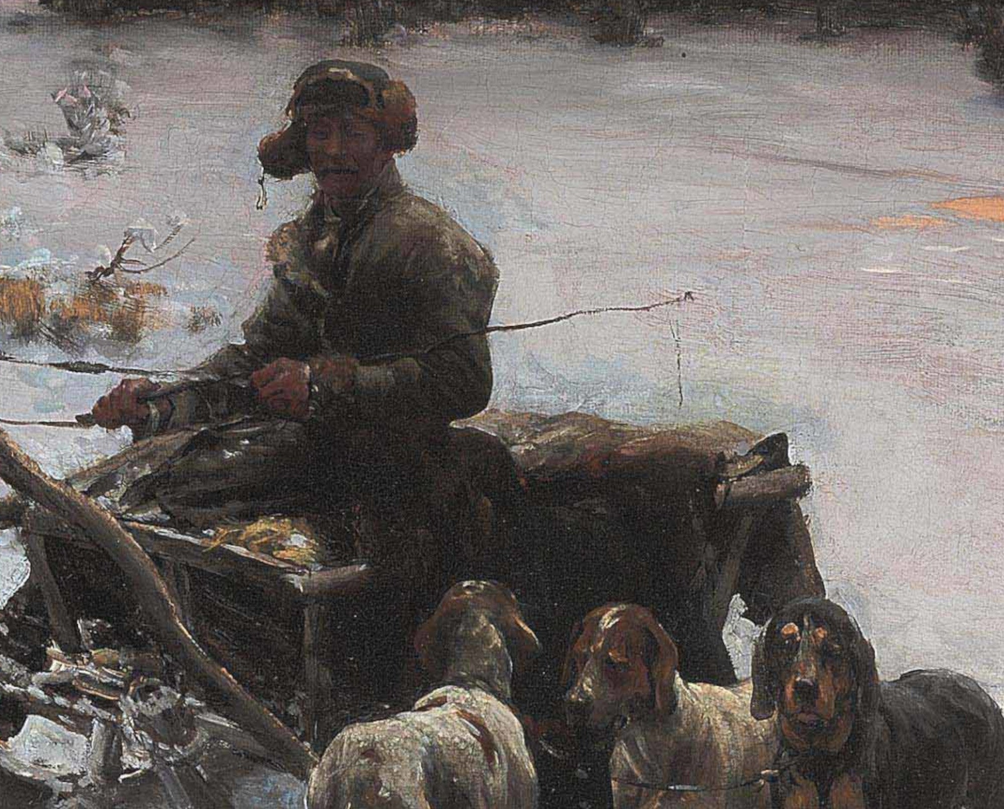 Alfred Kowalski Fine Art Print, A horse drawn sled in a winter landscape at dusk