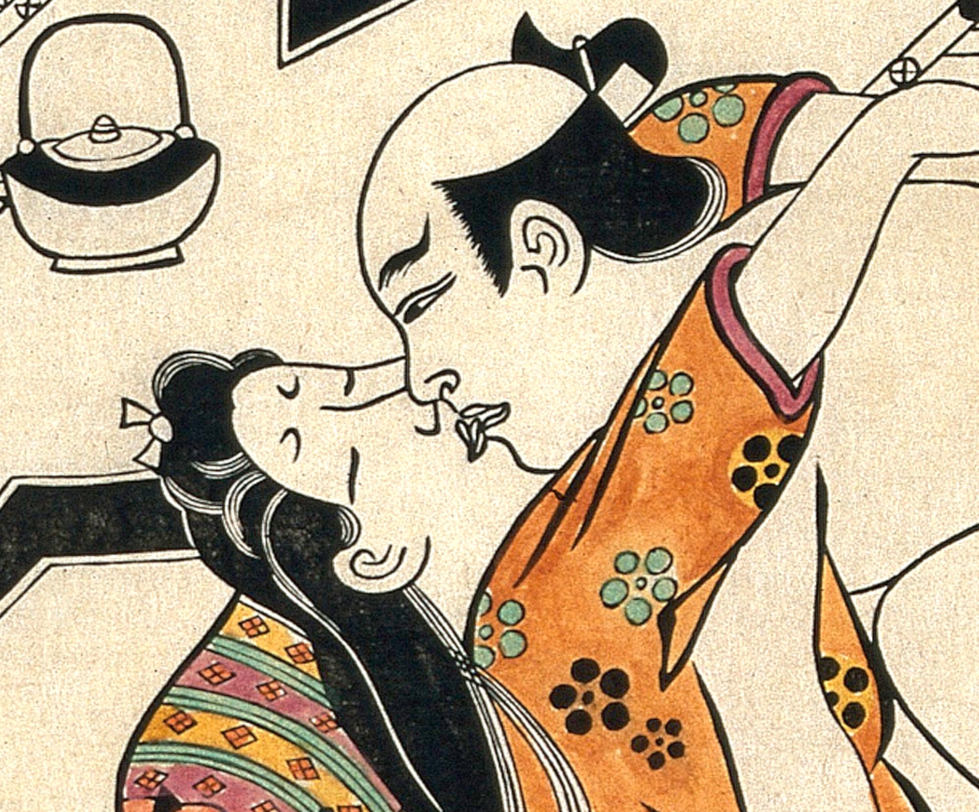 Hishikawa Moronobu Japanese Shunga Print, A middle-aged couple making love