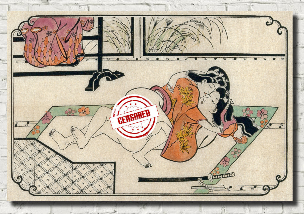 Hishikawa Moronobu Japanese Shunga Print, A young couple making love, woman above