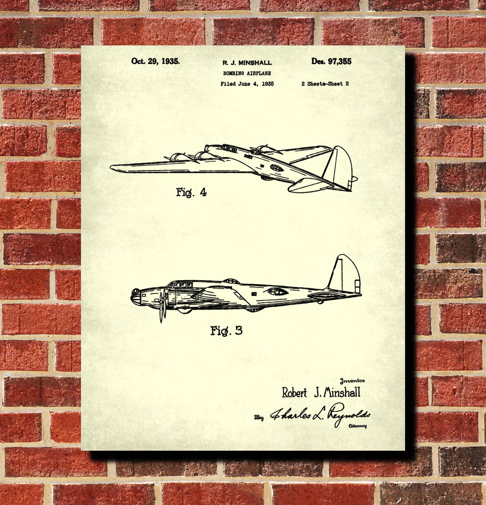B17 Bomber Aircraft Blueprint Poster Vintage Airplane Patent Print