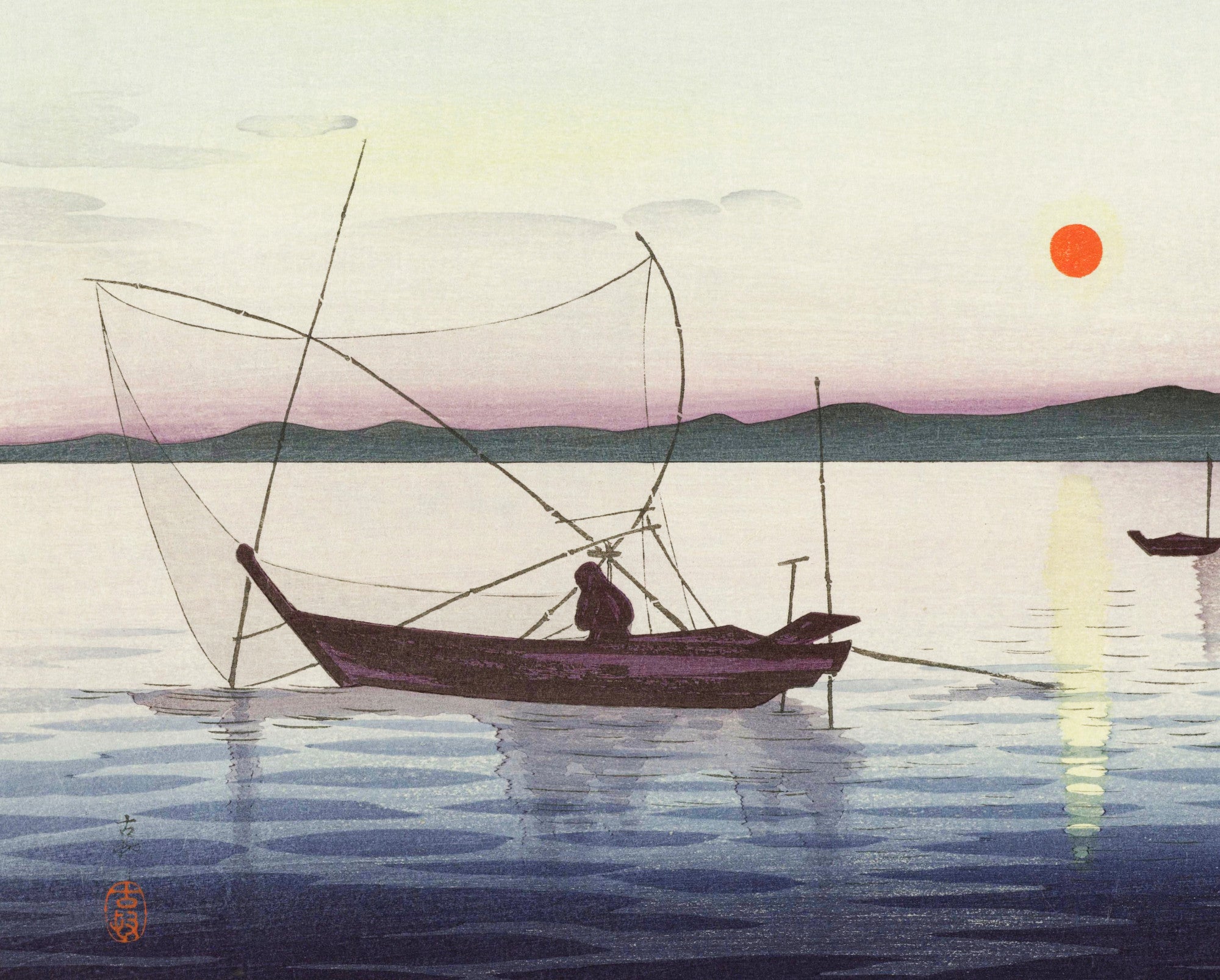 Ohara Koson Japanese Fine Art Print,  Boats and Setting Sun