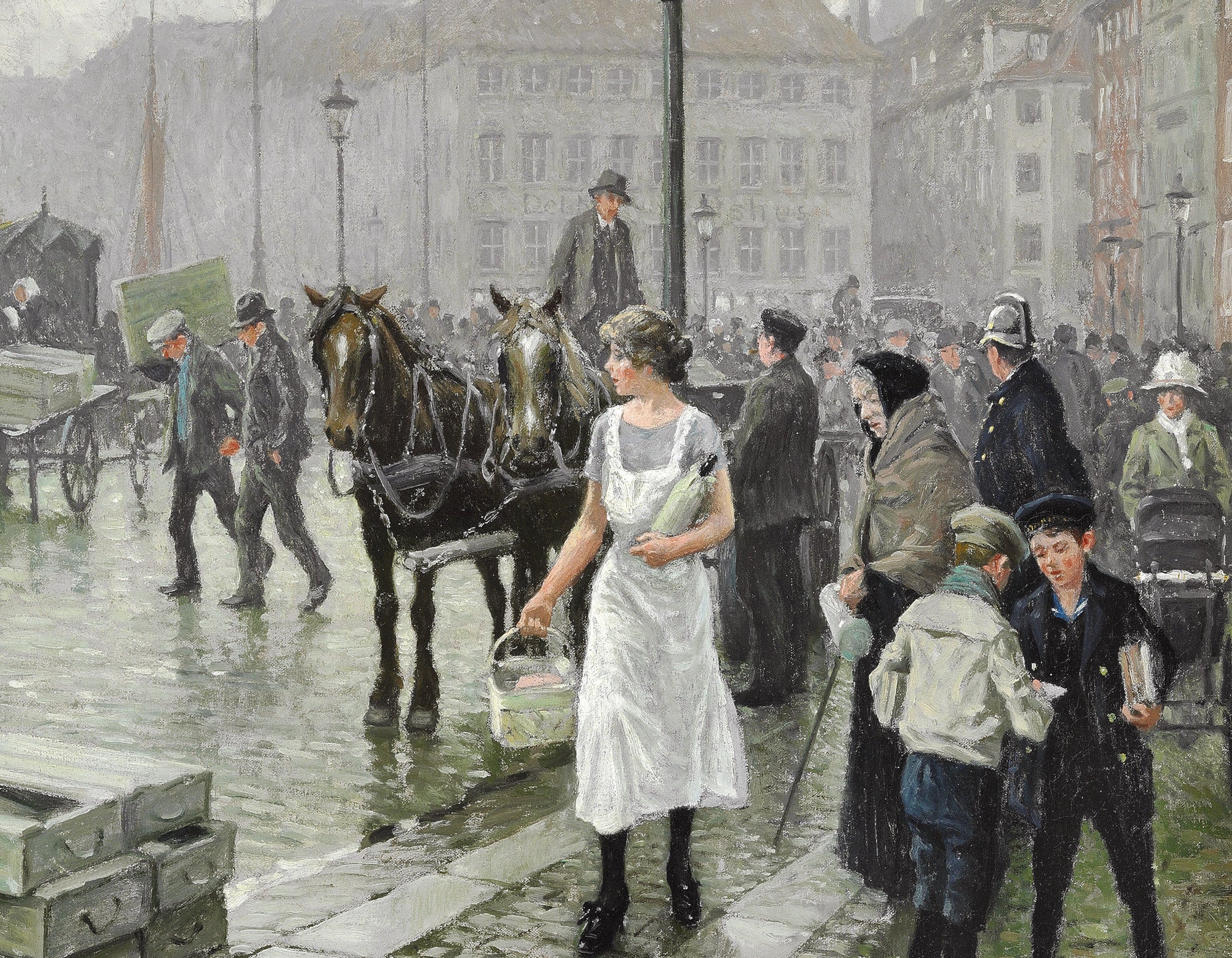 Paul Gustav Fischer Fine Art Print, Busy day at the fish market at Gammel Strand in Copenhagen