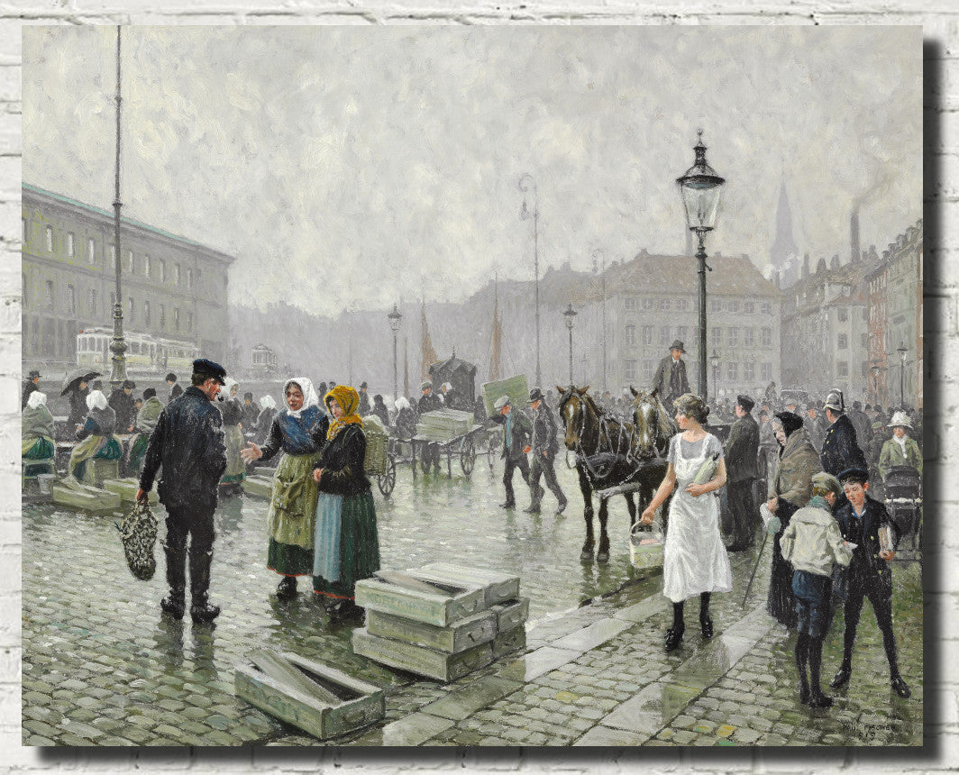 Paul Gustav Fischer Fine Art Print, Busy day at the fish market at Gammel Strand in Copenhagen