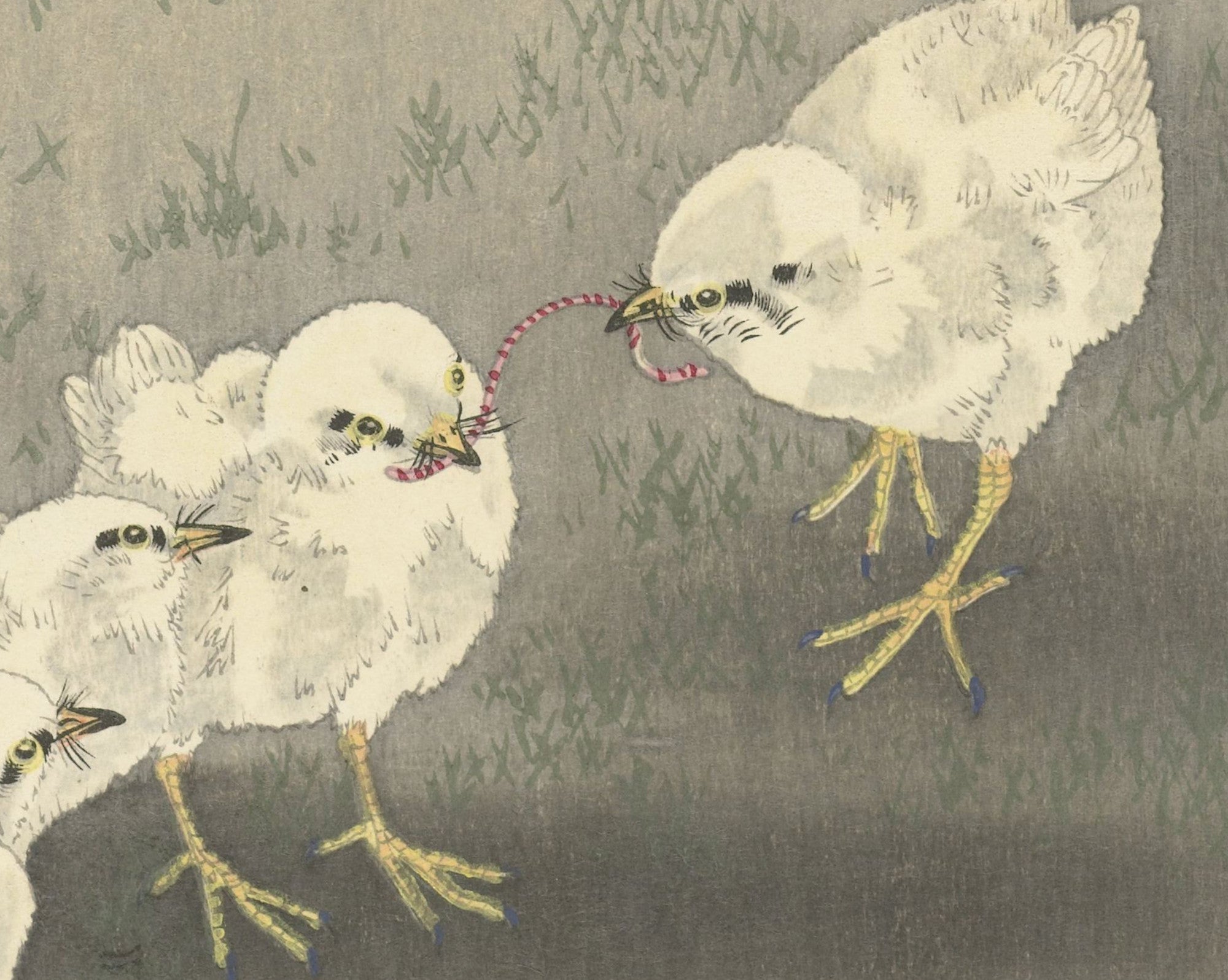 Ohara Koson Japanese Fine Art Print,  Chicks and Worm