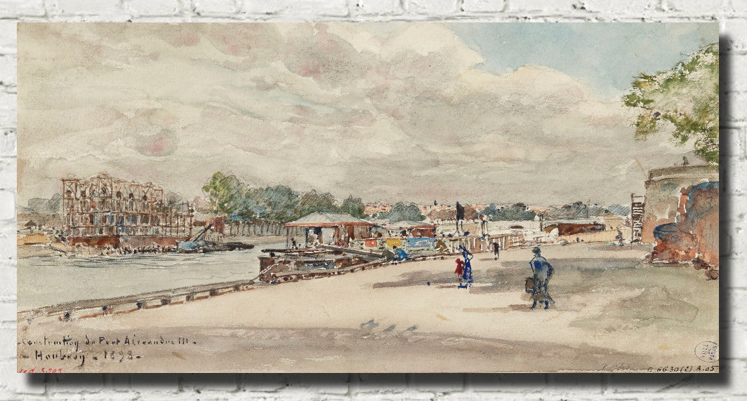 Frederic Anatole Houbron Fine Art Print, Construction work on the Alexandre III bridge, Queen's Court, seen from the Quai d'Orsay