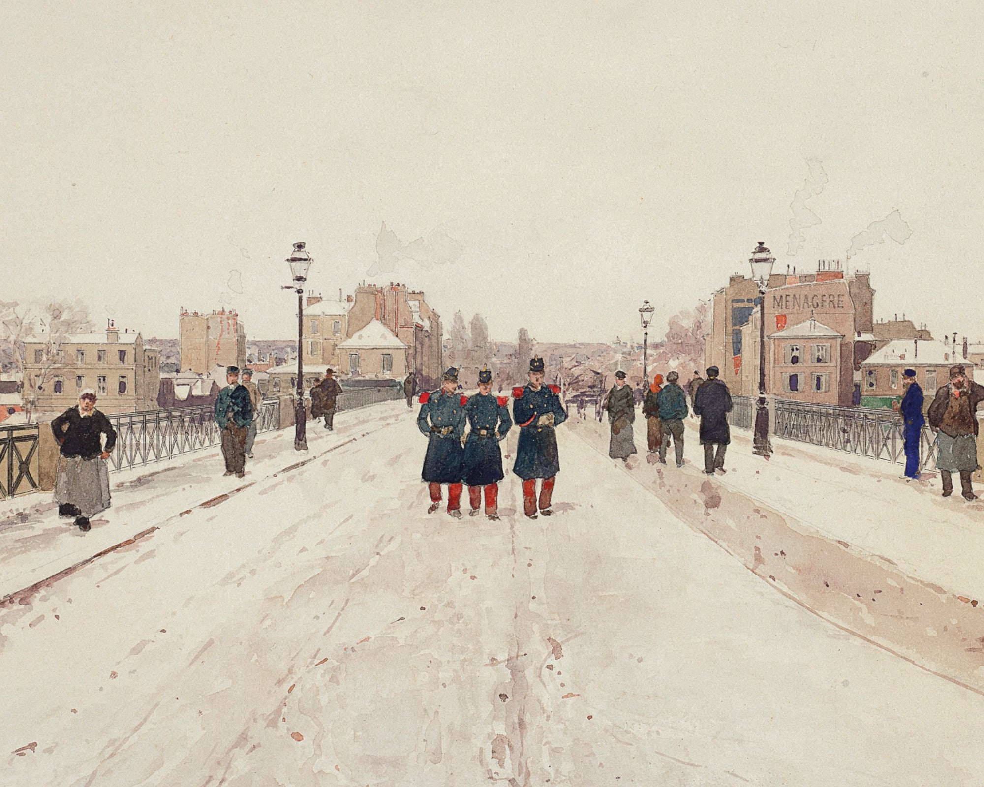 Luigi Loir Fine Art Print: Figures on a Bridge in the Snow