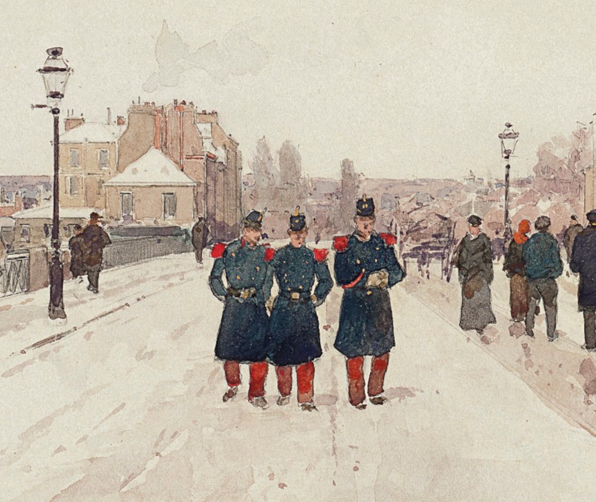 Luigi Loir Fine Art Print: Figures on a Bridge in the Snow