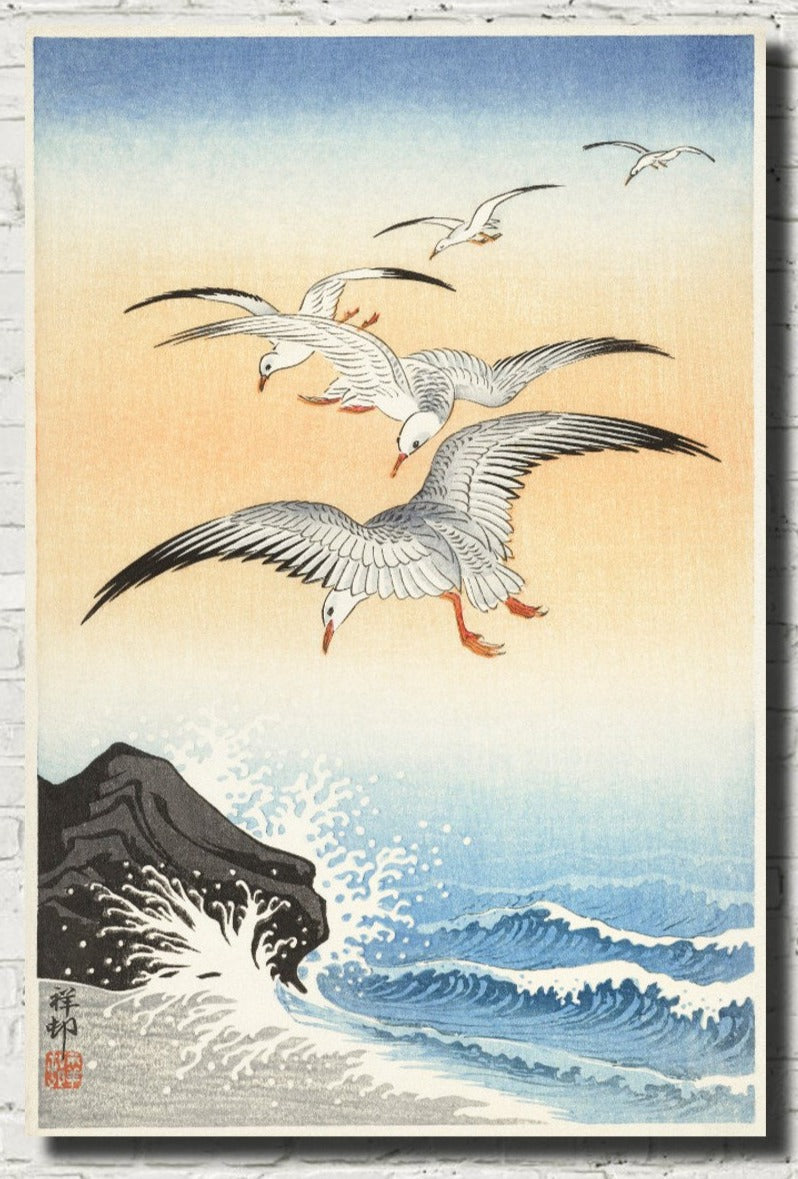 Five Seagulls Above Turbulent Sea JAPANESE FINE ART PRINT, OHARA KOSON - GalleryThane.com