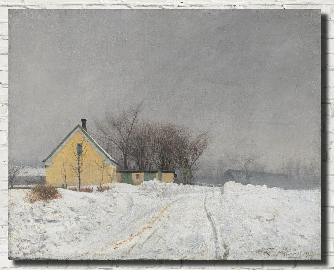 Laurits Andersen Ring Fine Art Print, Foggy Winter Day. To the Left a Yellow House. Deep Snow