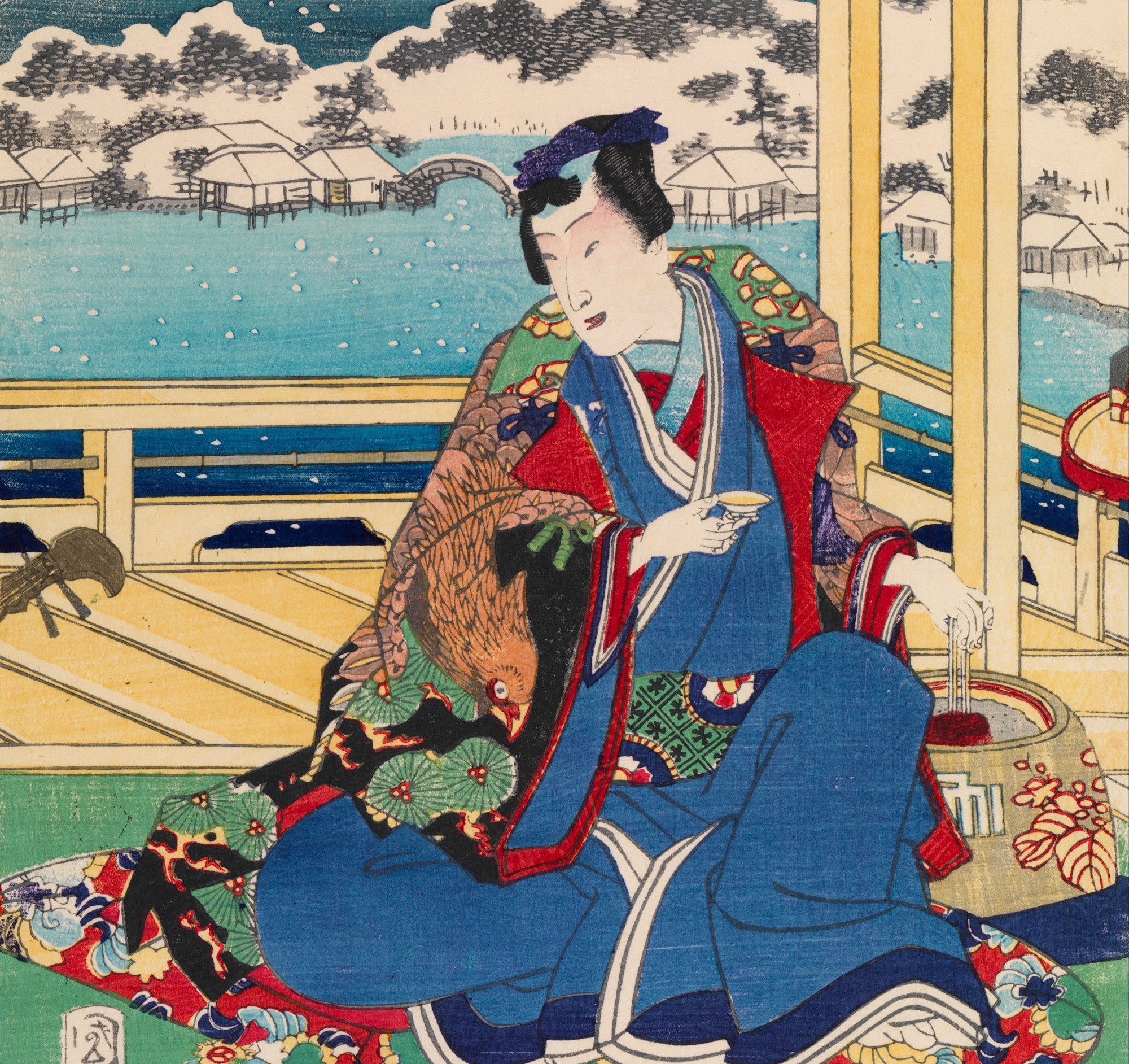 Toyohara Kunichika, Japanese Art Print : Genji Viewing Snow From a Balcony