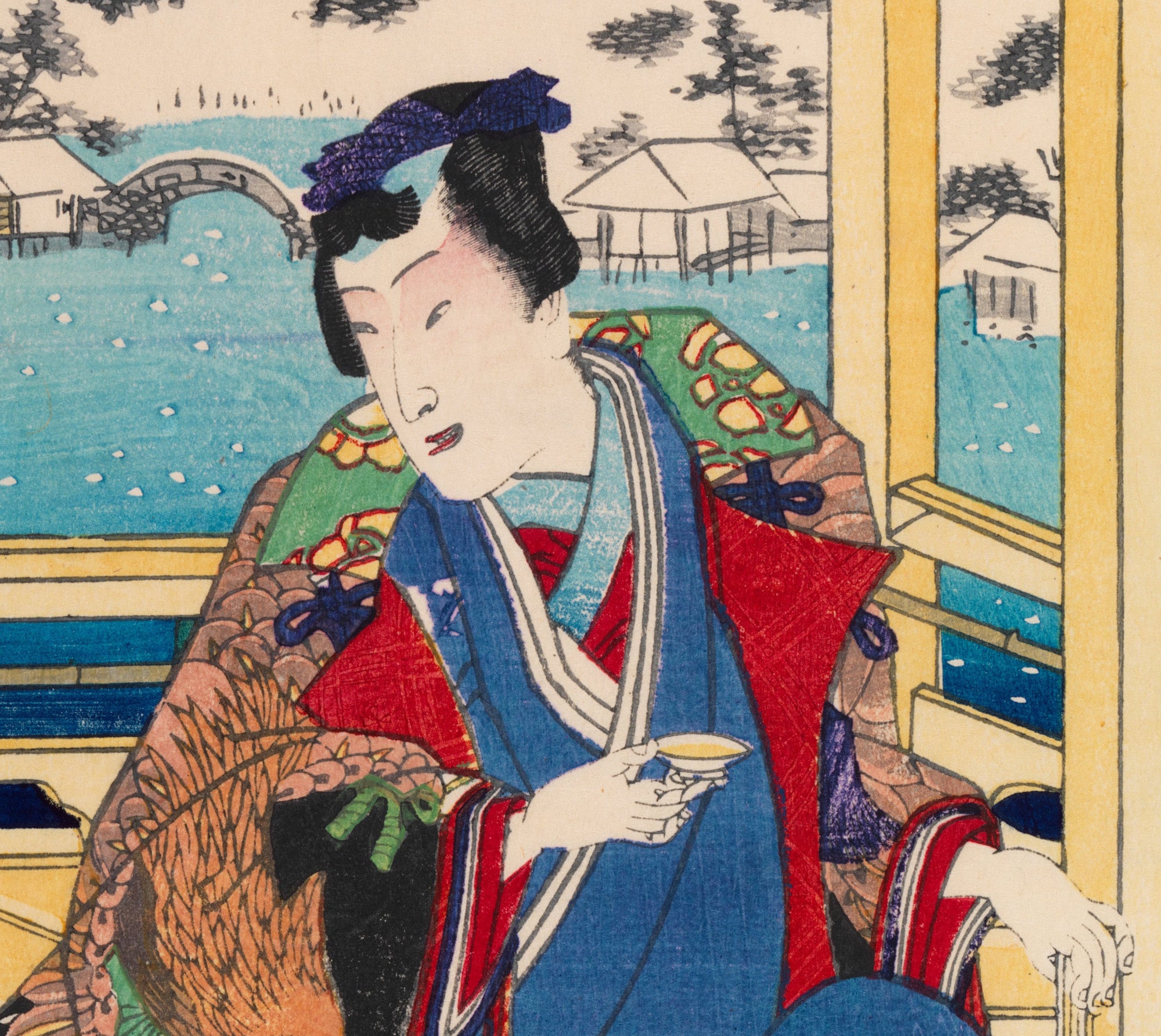 Toyohara Kunichika, Japanese Art Print : Genji Viewing Snow From a Balcony
